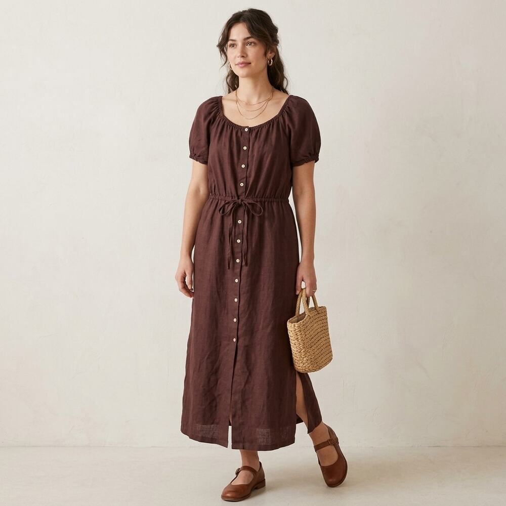 J.Crew Linen Maxi Dress Womens Brown Sz 8 Boho Cottagecore Coastal Puff Sleeve